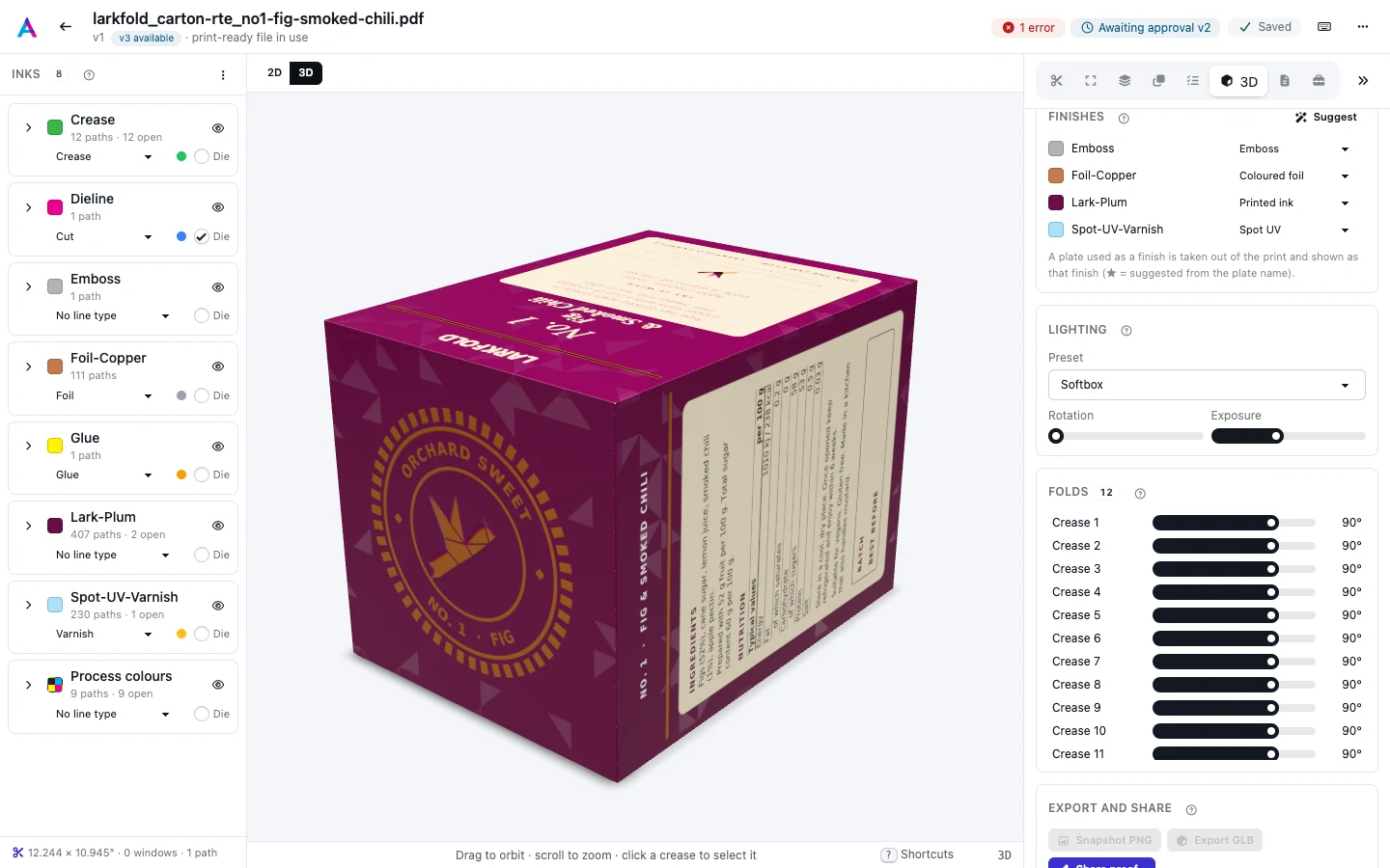 The 3D tab with the folded carton and the Finishes list for its spot plates