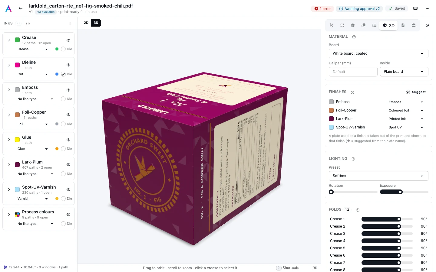 The 3D tab with the folded carton and the Material section's board choice