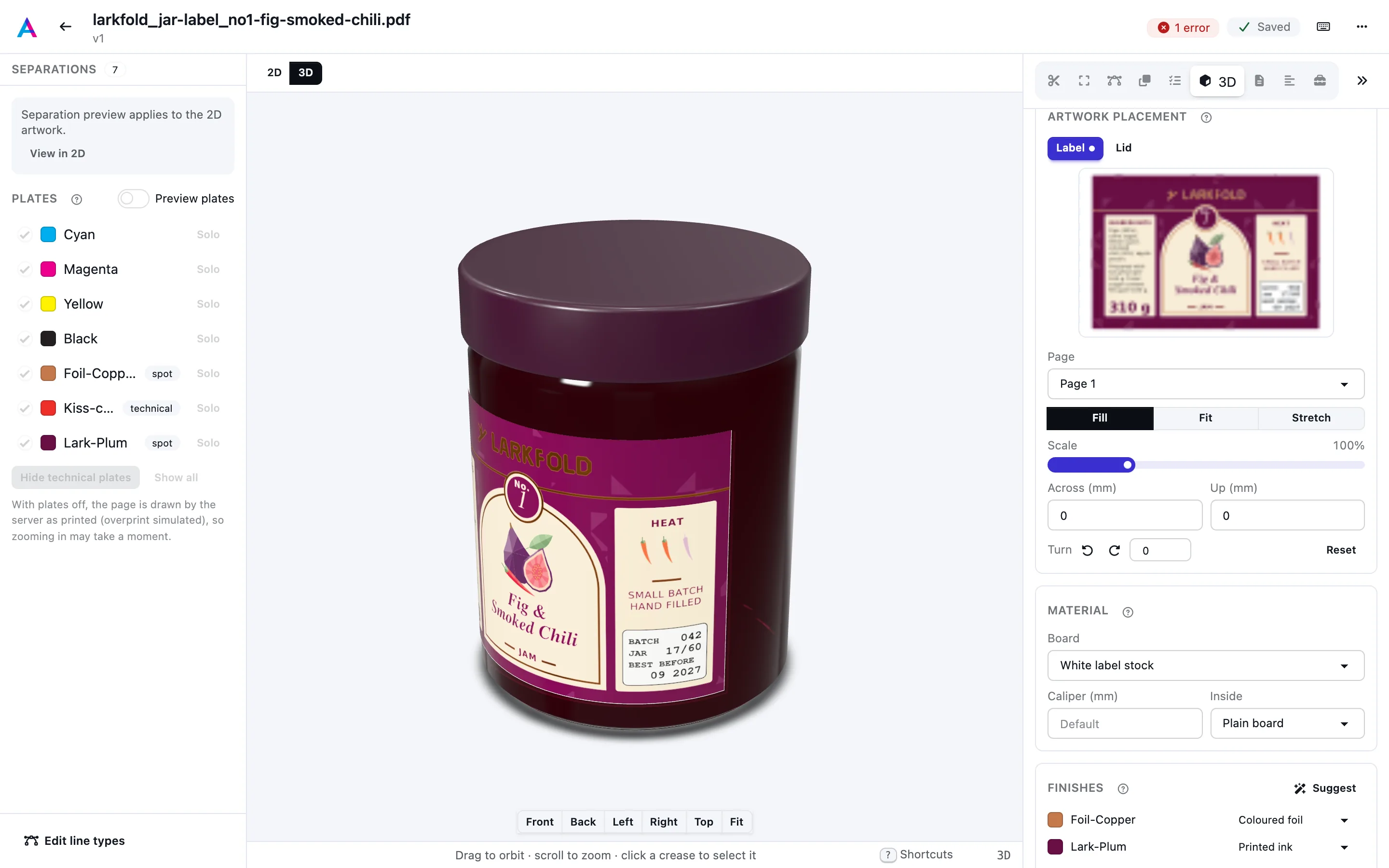 A jar label wrapped round a glass jar in the 3D view, with the artwork placement controls