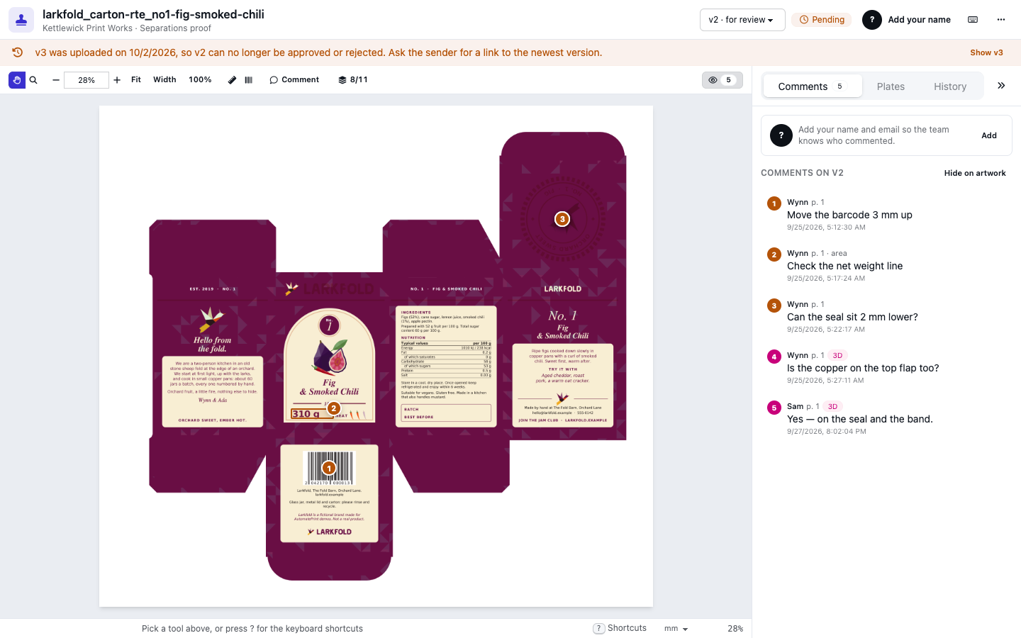 A proof with numbered comment pins on the artwork and the comments listed beside it