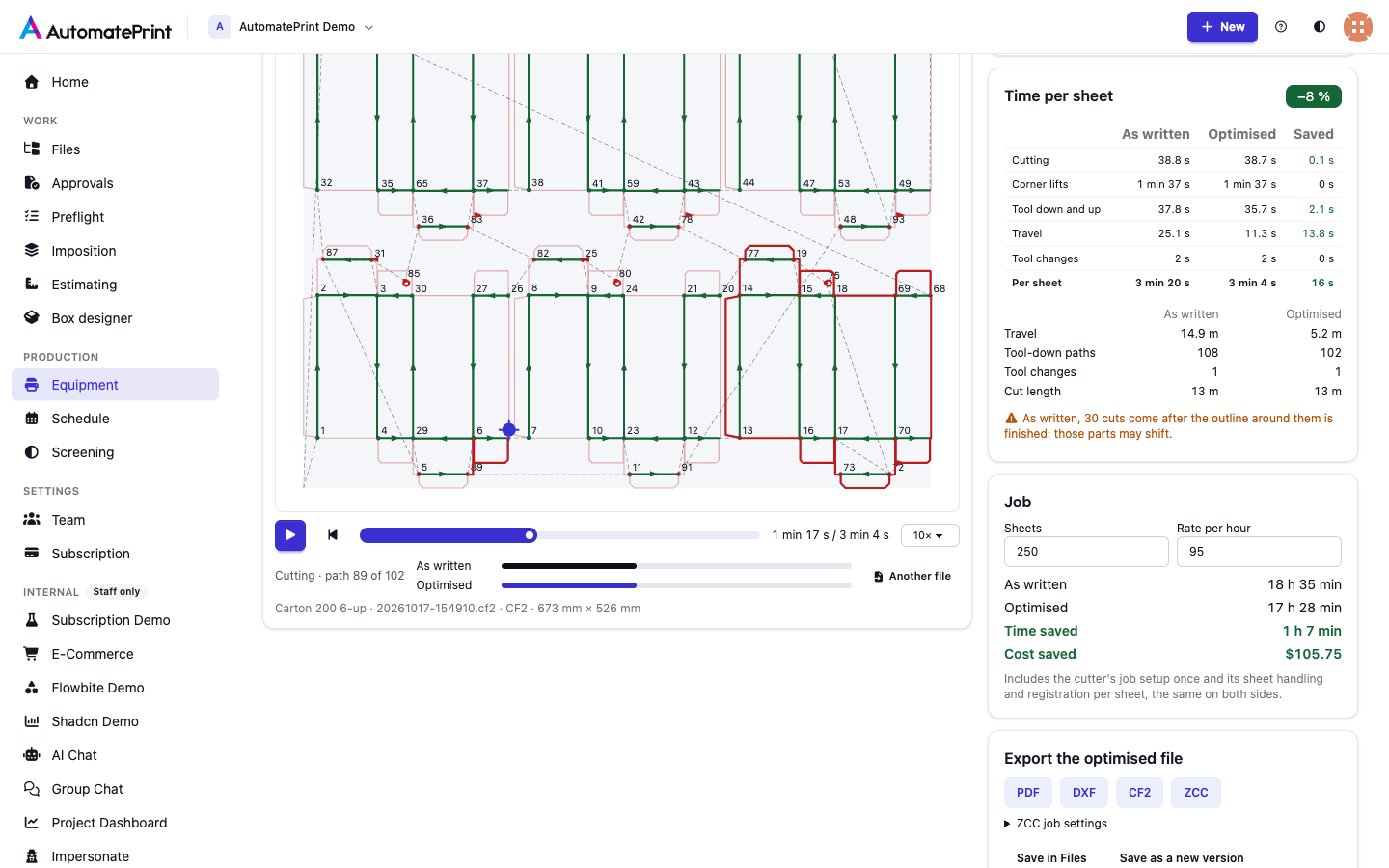 The time per sheet breakdown, the job calculator for 250 sheets and the export buttons