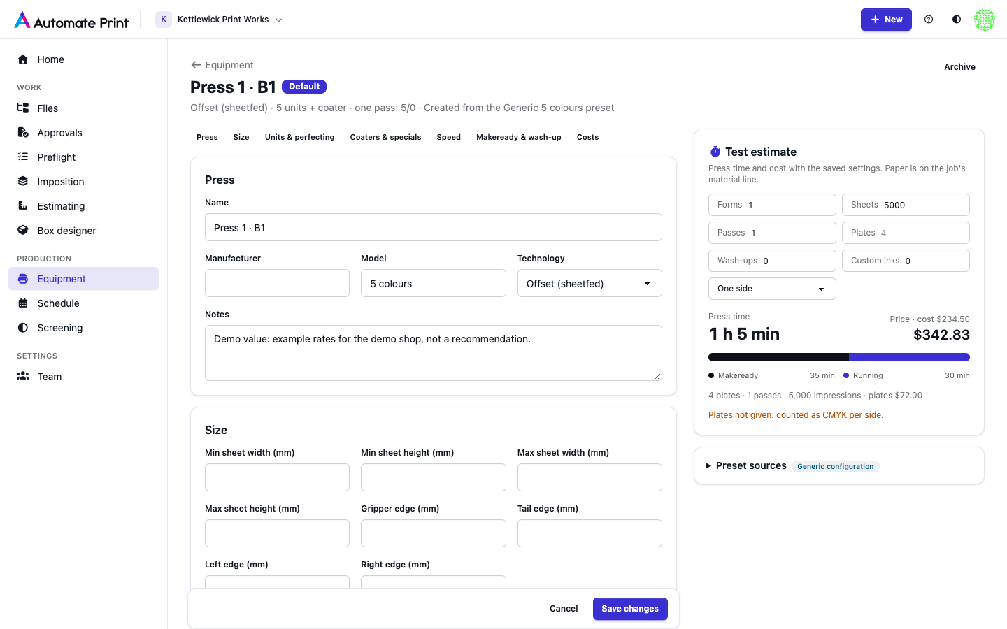 A press's settings page with its units, speed and makeready
