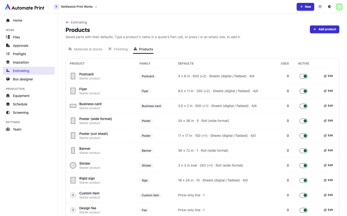 The Products page listing saved product templates
