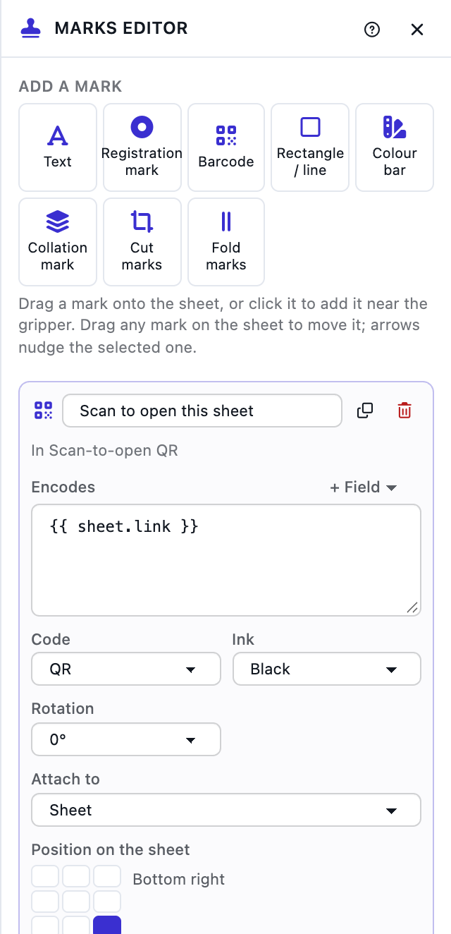 The selected mark's settings in the marks editor panel