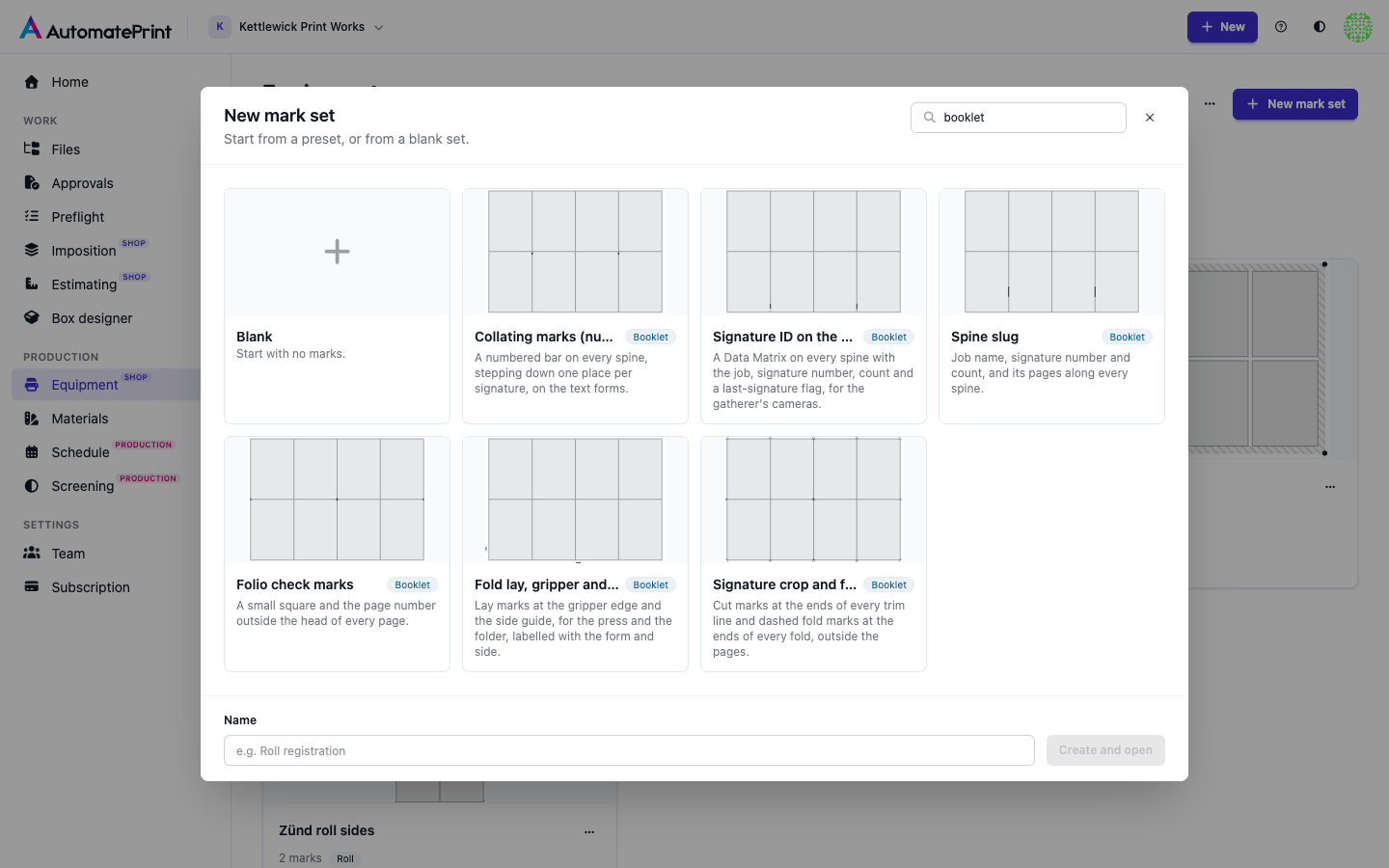 The New mark set gallery showing the six booklet presets