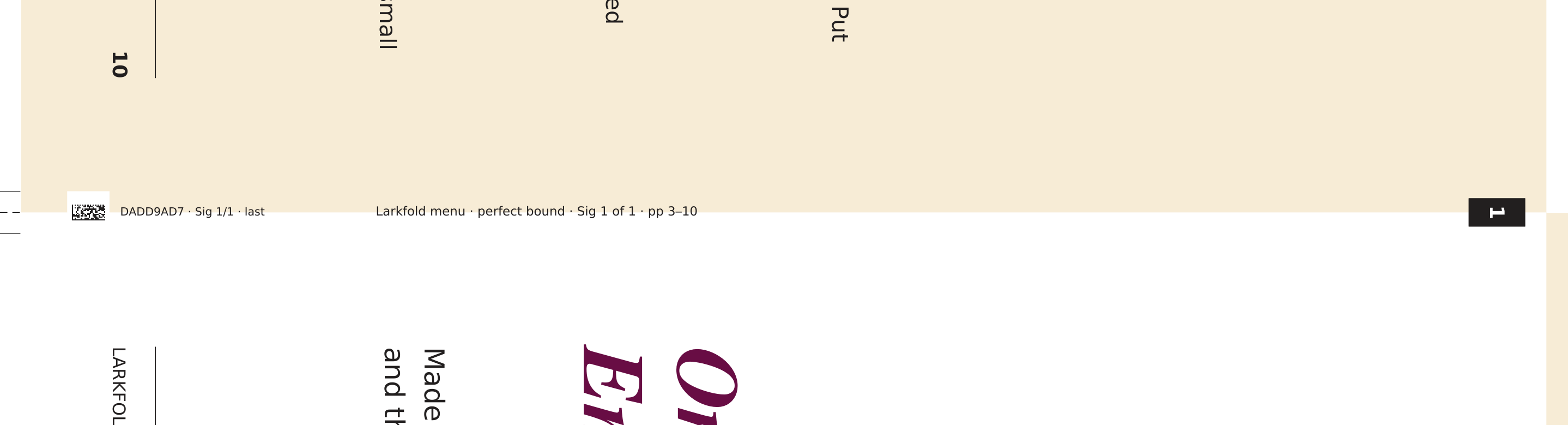 A signature ID code, a spine slug and a numbered collating mark along the spine of a signature