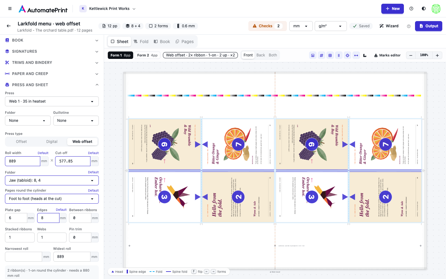 A web offset form, the pages across the roll and one cut-off long, beside the web press settings