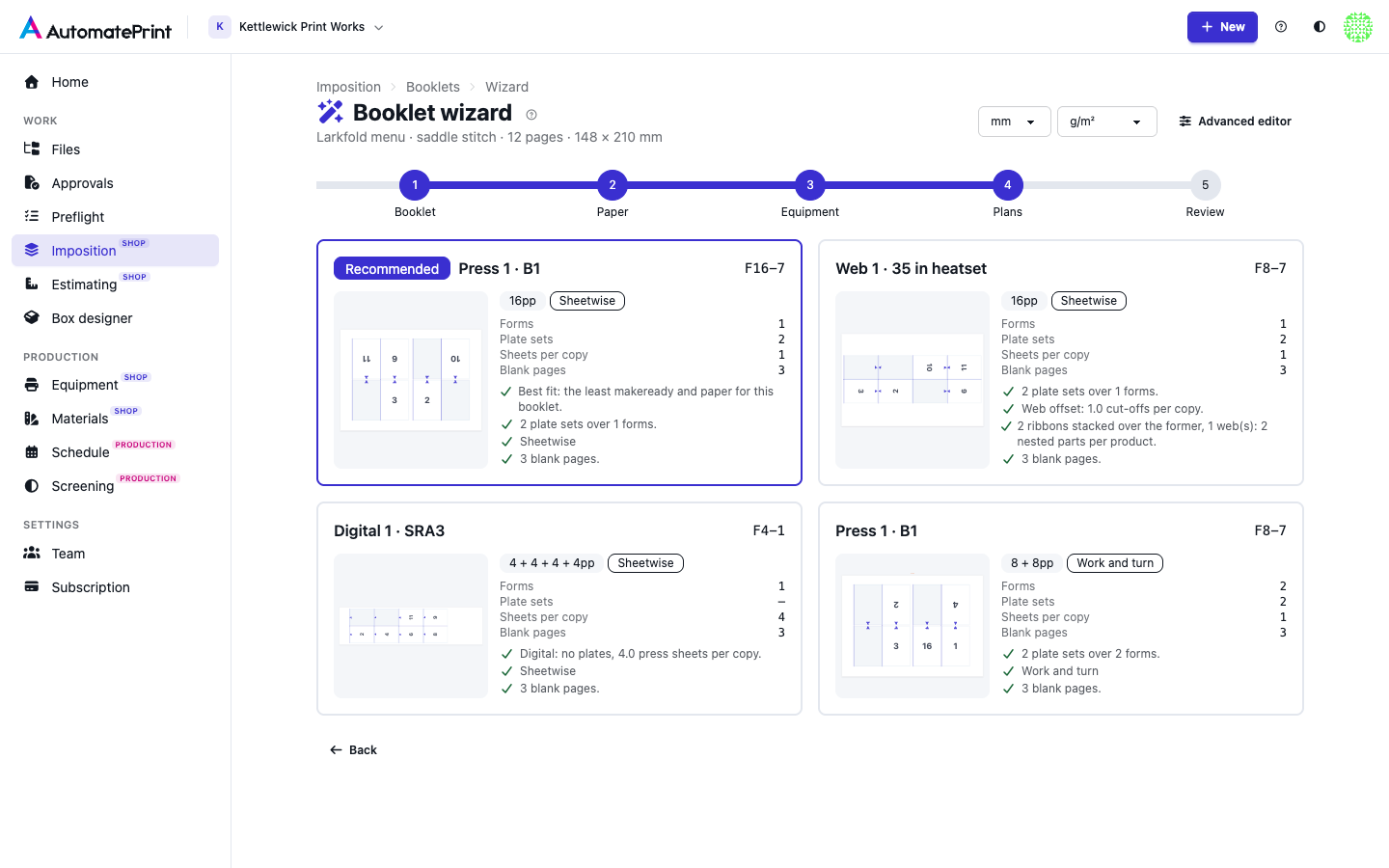 The booklet wizard's Plans step with four ranked ways to print the booklet
