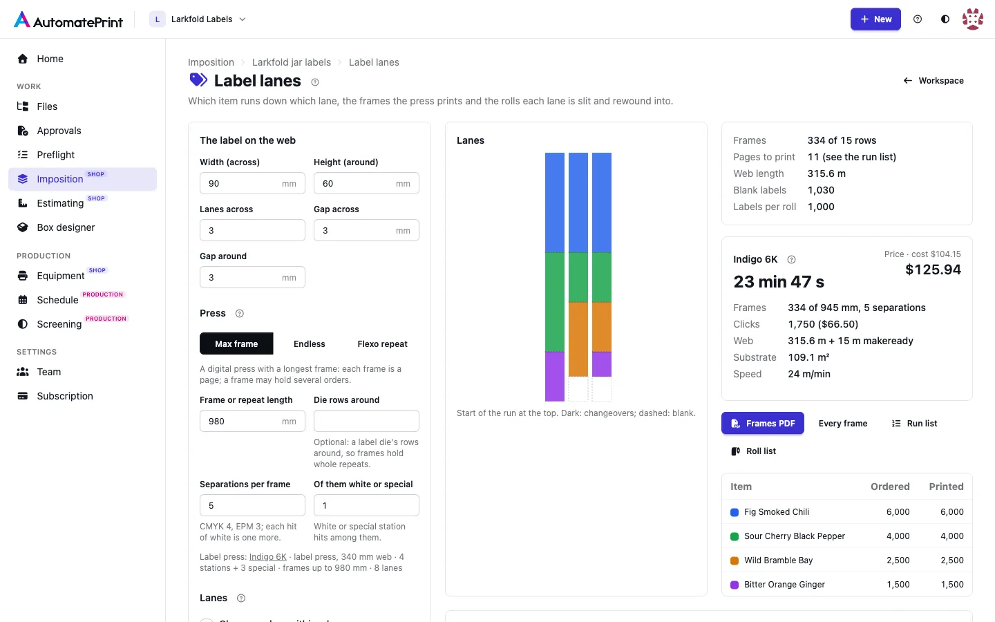 The Label lanes page with four jar labels in three lanes and the label press's estimate of the run: press time, price, frames, clicks, web length and substrate