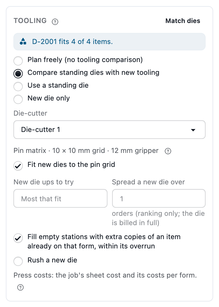 The Tooling card with the die policy, the die-cutter and the auto-default banner