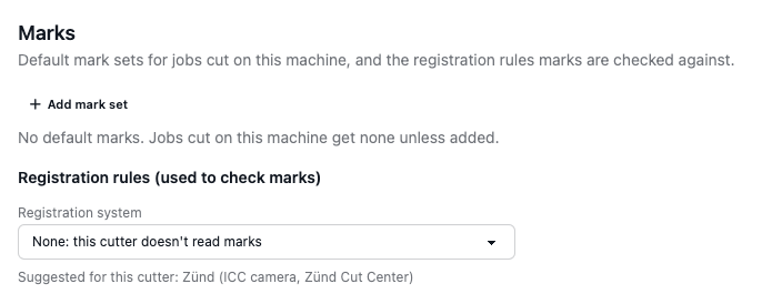 A cutter's Marks section with the registration system and no default mark set
