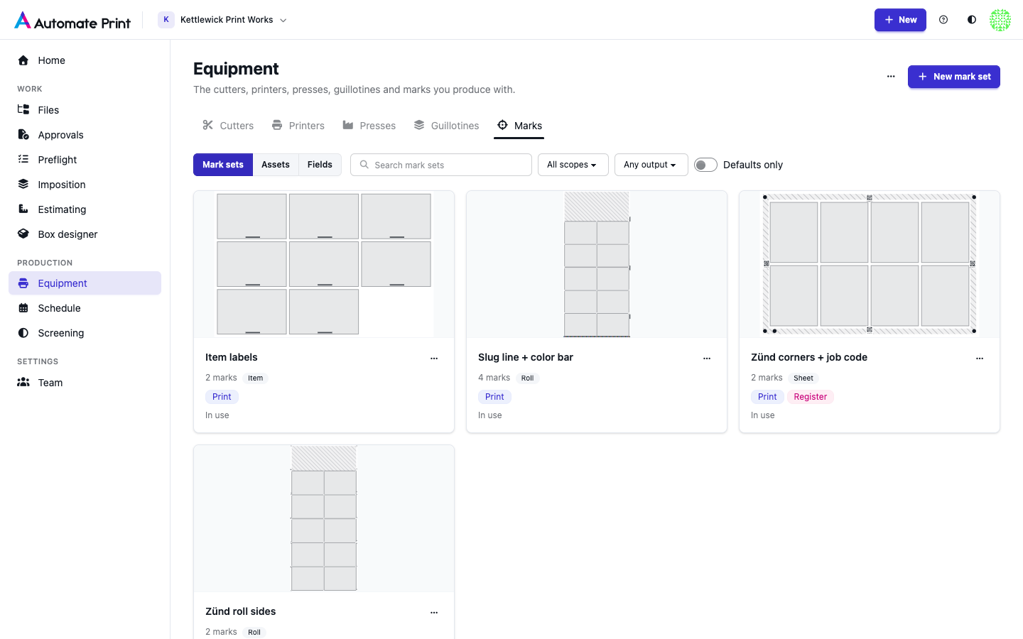 The Marks library with mark-set cards and the Mark sets, Assets and Fields tabs