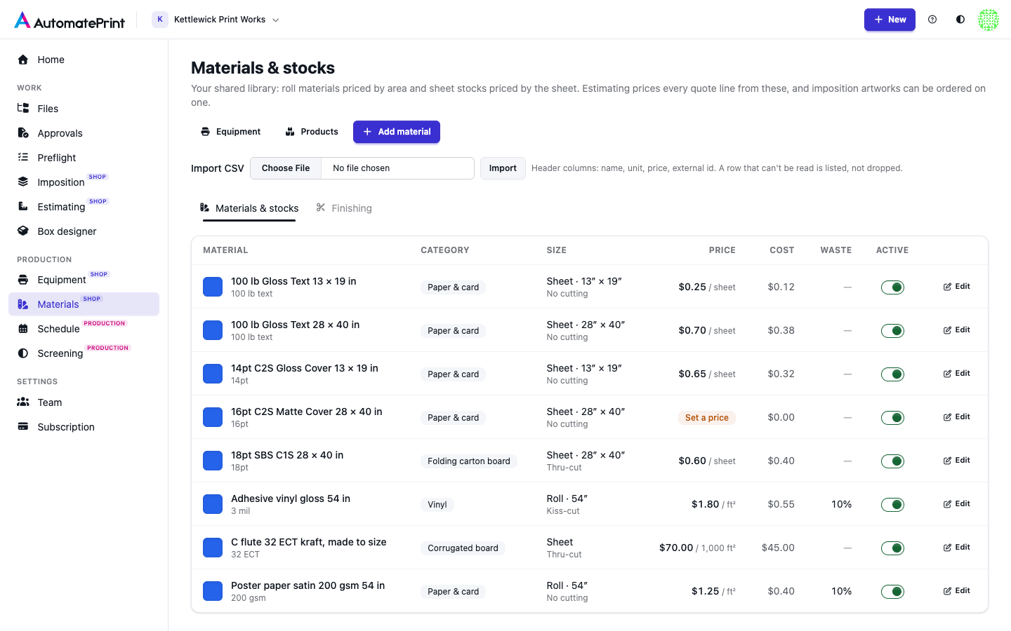 The Materials & stocks library listing sheet stocks and roll materials with their size, price and cost