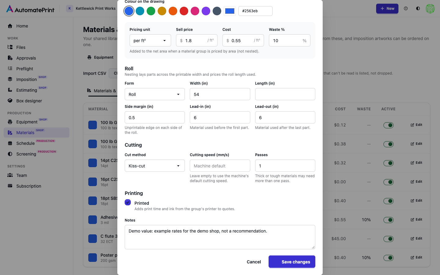 The material form with price, waste, roll, cutting and printing settings