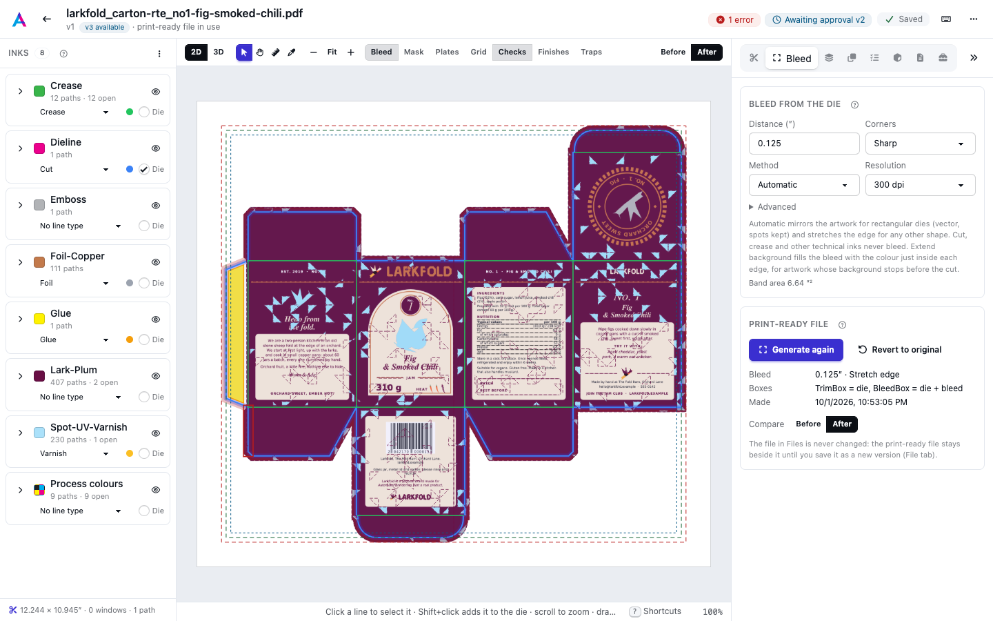 The Bleed tab with the bleed distance, corners, method and the print-ready file
