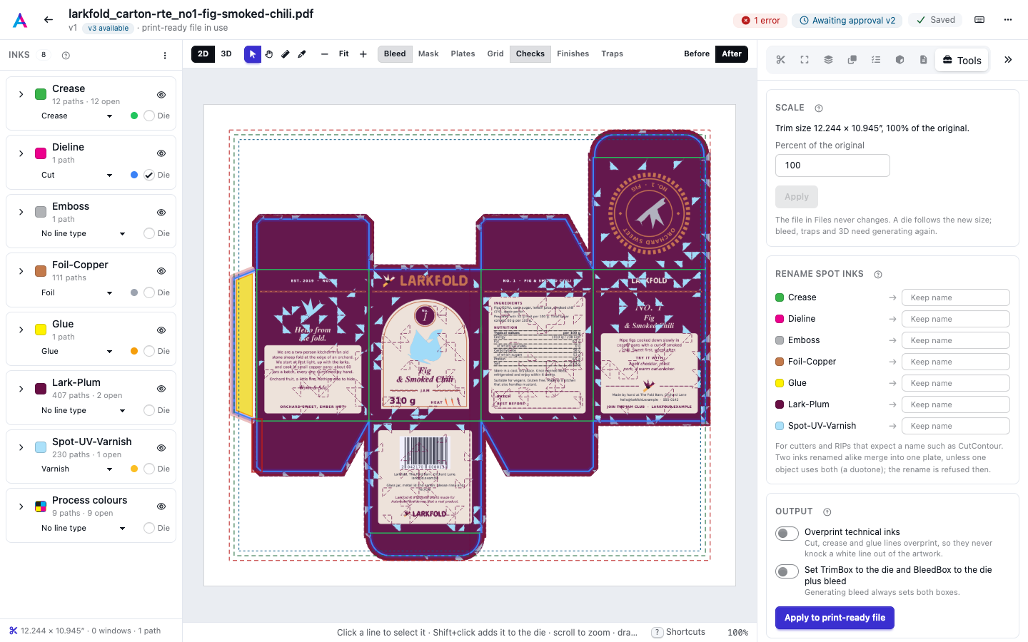 The Tools tab with scale, spot-ink rename and the output switches
