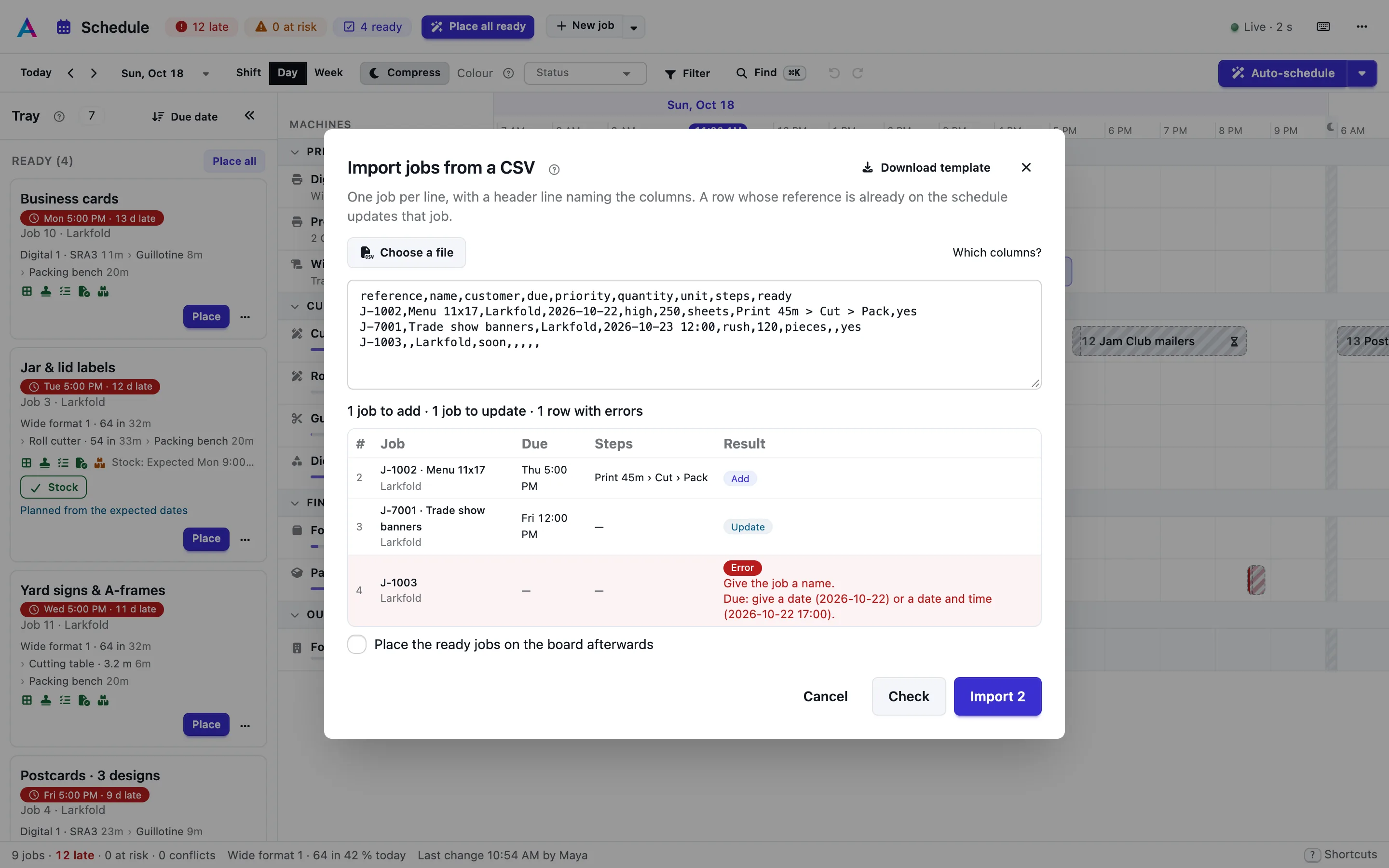 The import dialog after Check, with each line's verdict