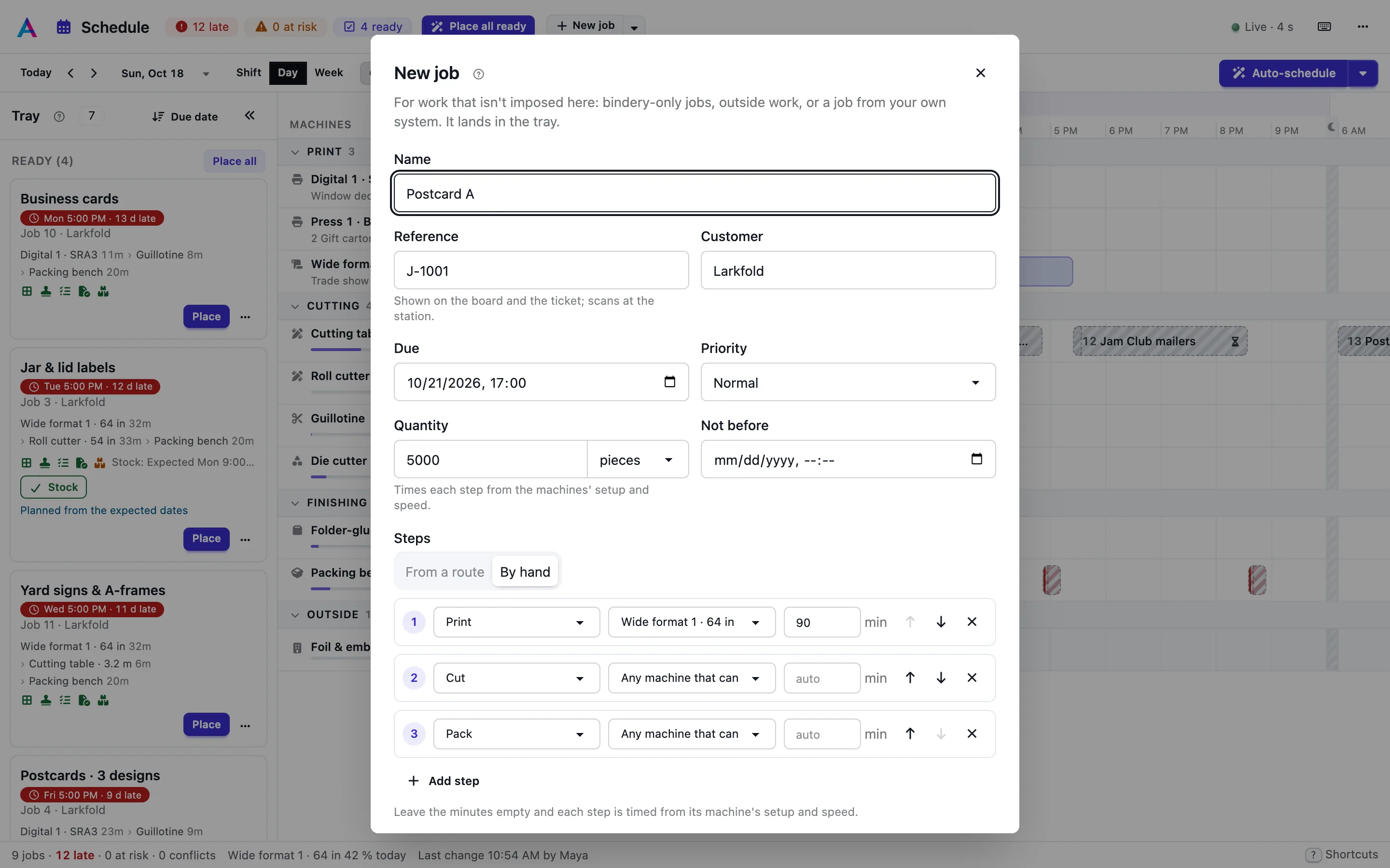 The New job dialog with its own steps, each on a machine with a time