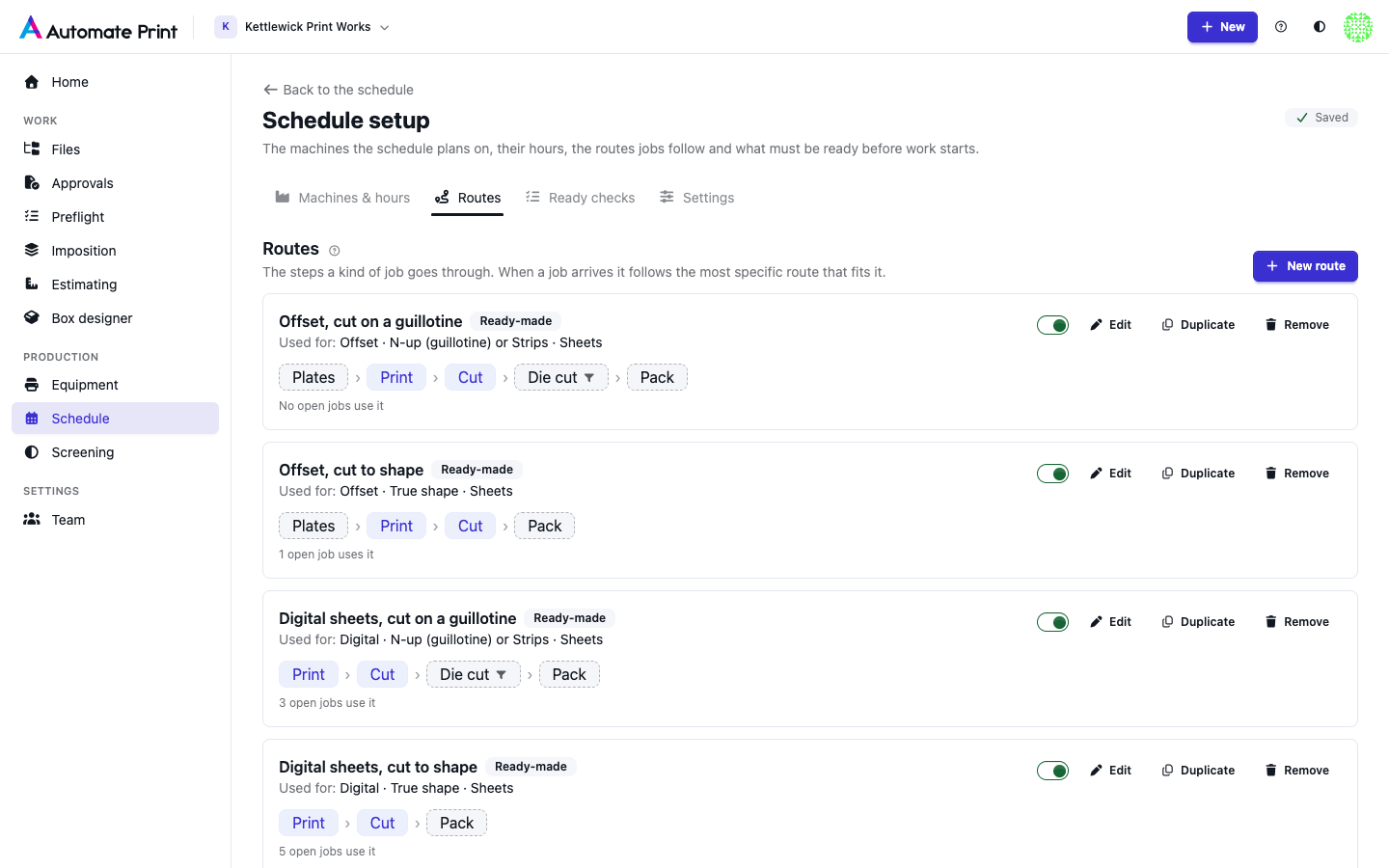 The Routes tab with route cards, their steps and what each route is used for