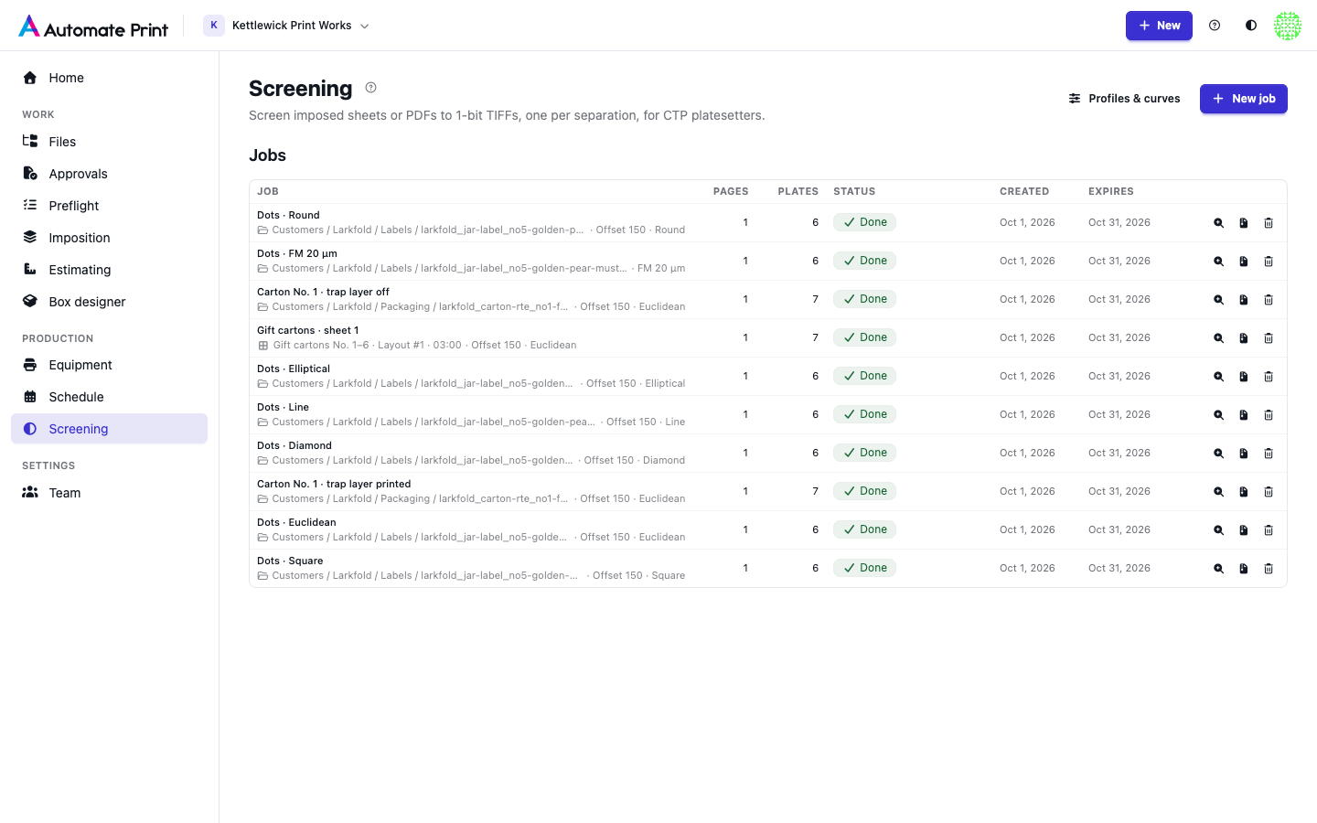 The Screening page listing recent jobs and the New job button