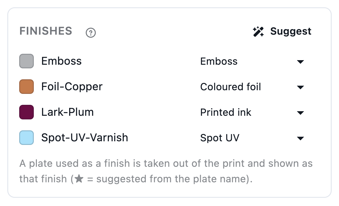 The editor's Finishes list: each spot plate with its finish, and Suggest to pick them from plate names