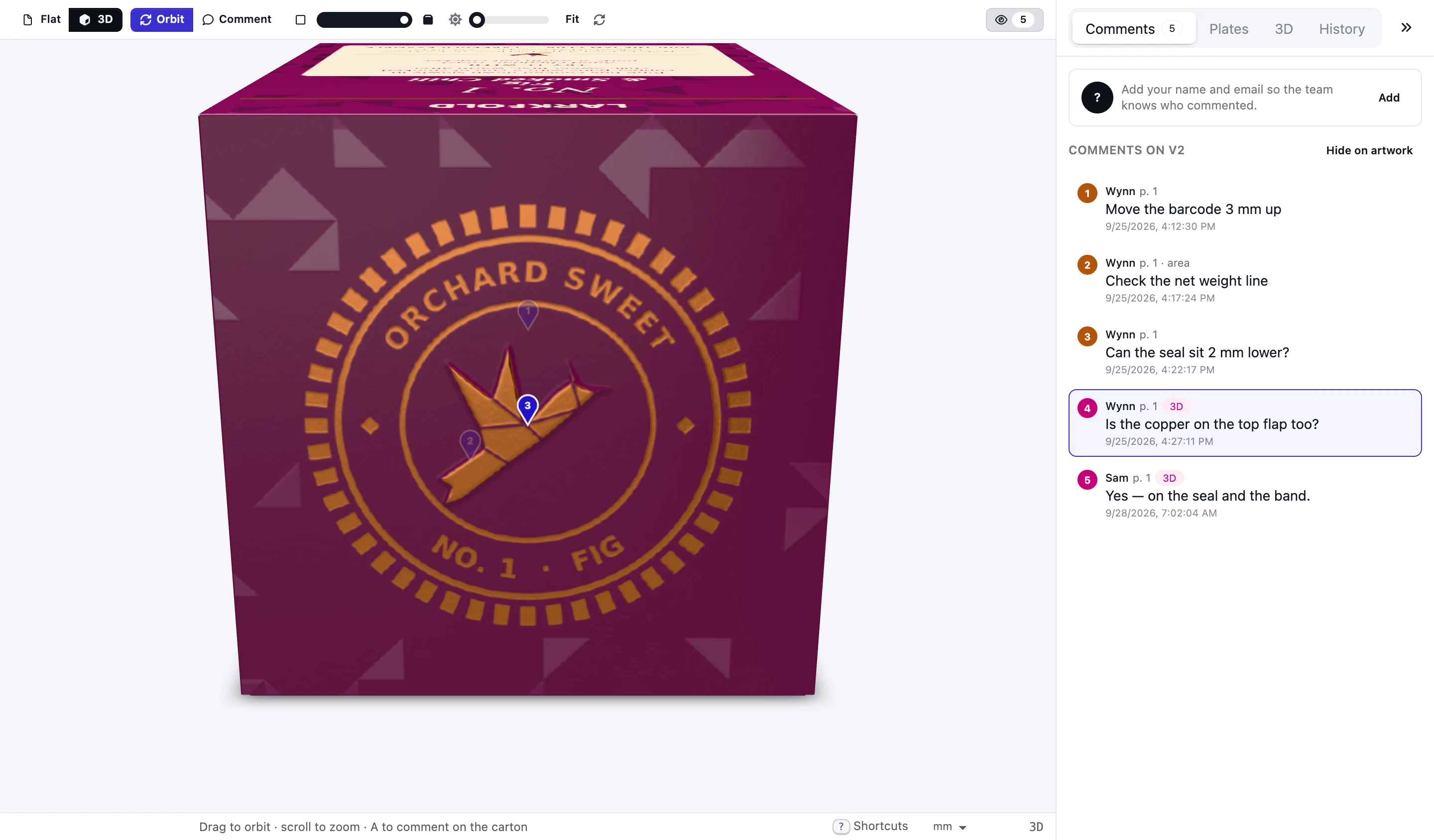 A 3D proof on the customer's page: a comment pinned to the carton's lid, with its reply