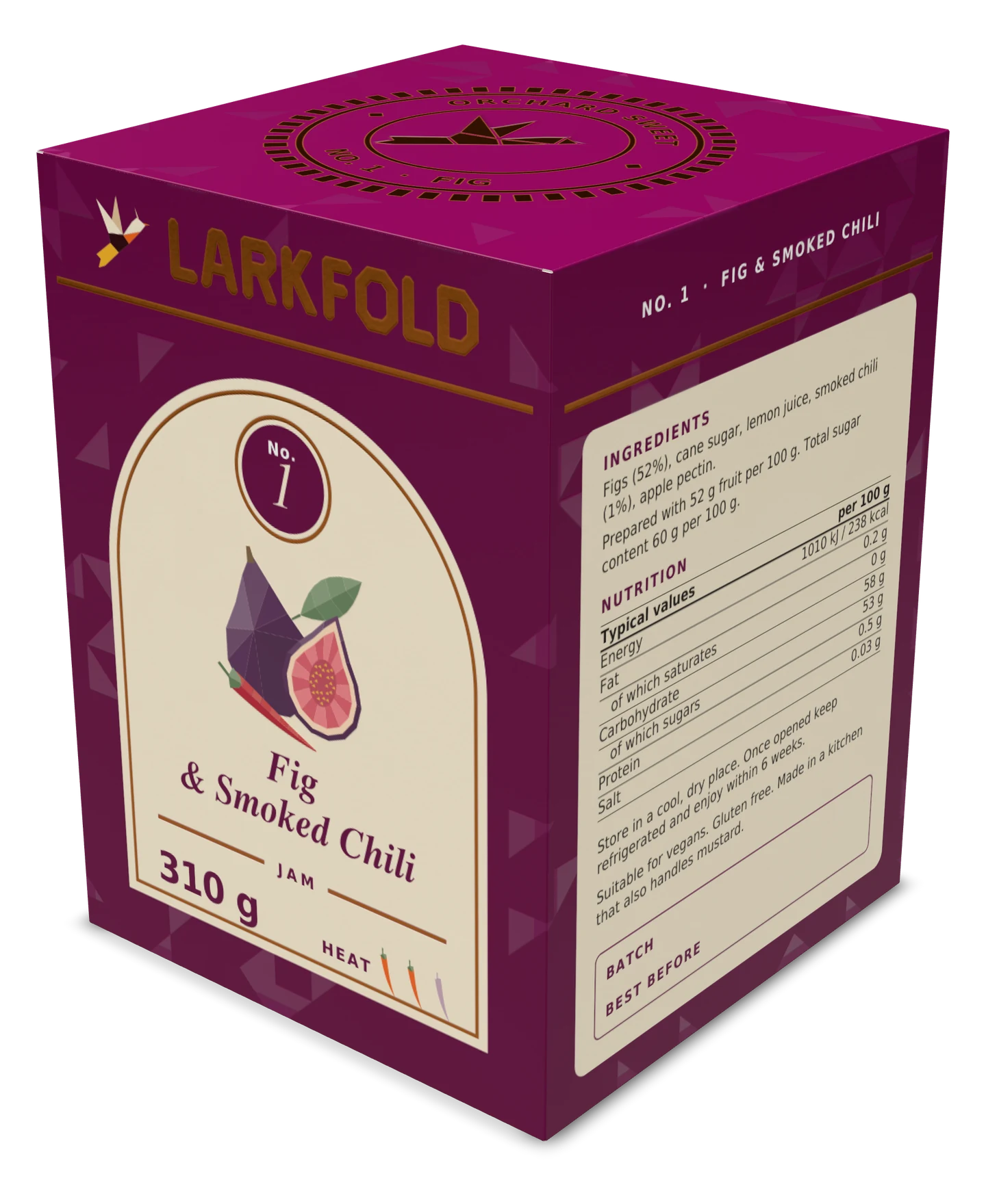 Larkfold carton No. 1 folded in 3D: plum board, copper foil on the seal and band, spot UV and emboss