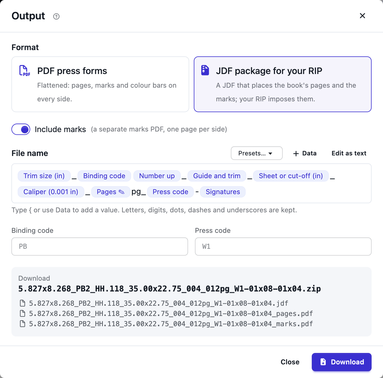 The output dialog: a JDF package for the RIP, named from the trim, binding, cut-off, pages, press and signatures