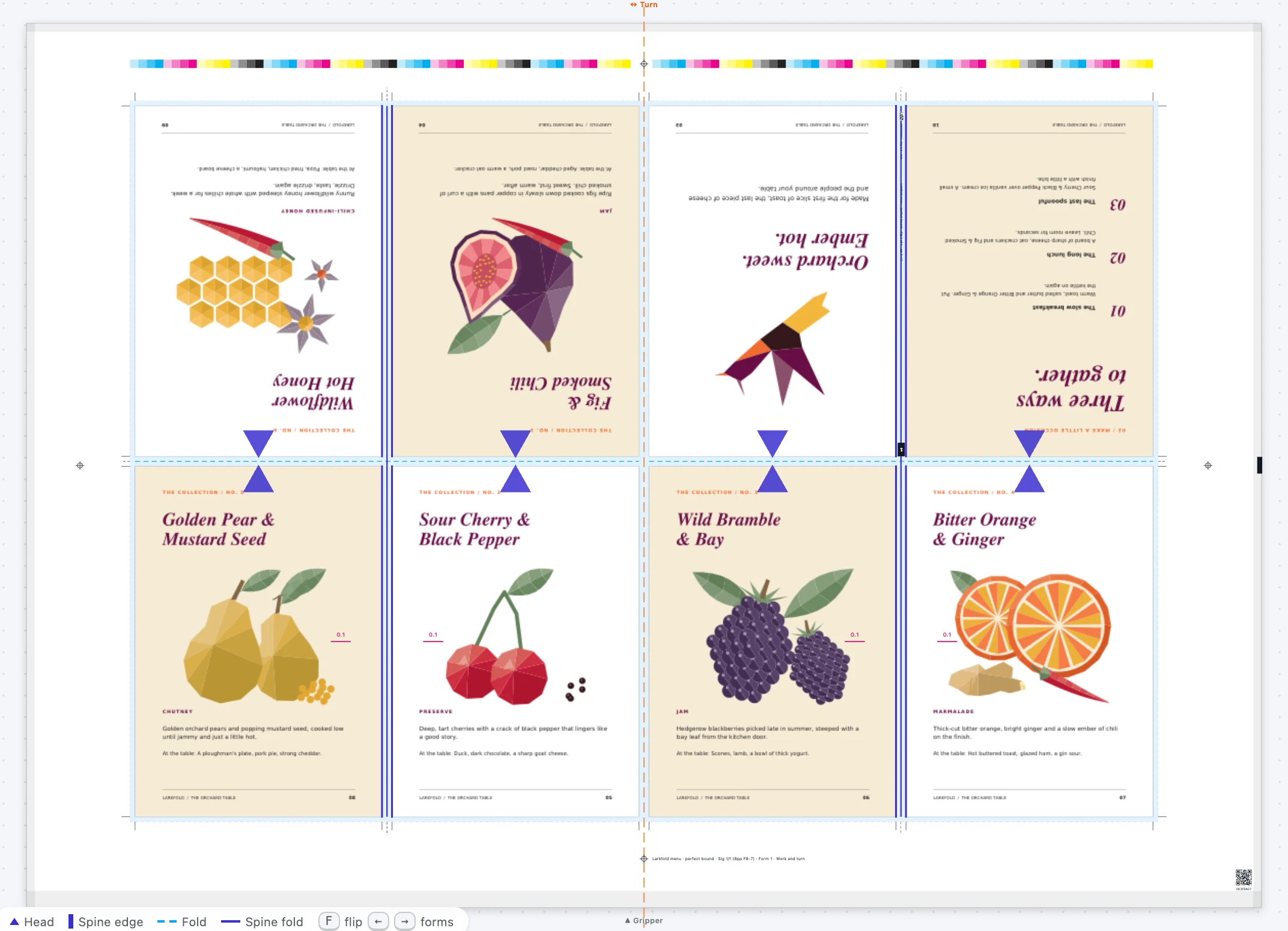 A booklet's press form in the editor: eight menu pages head to head, with fold, spine and color bar marks