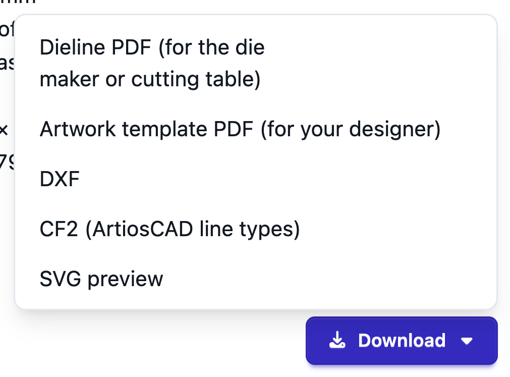Box designer download menu: dieline PDF, artwork template, DXF, CF2 and SVG