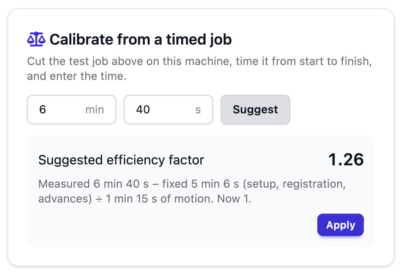 Calibrate from a timed job: the timed cut entered and the suggested efficiency factor