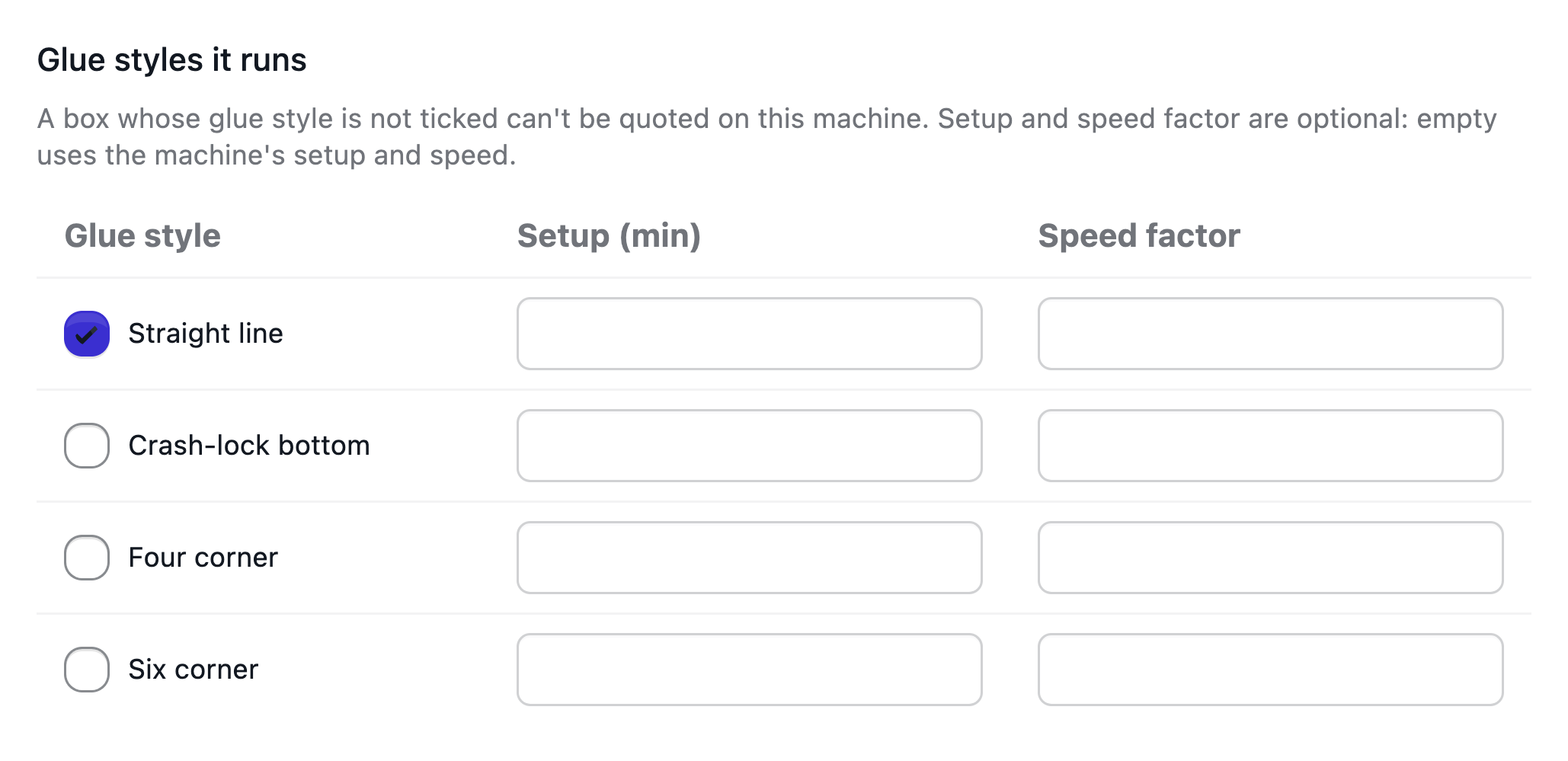 Folder-gluer settings: the glue styles it runs, each with its own setup and speed factor