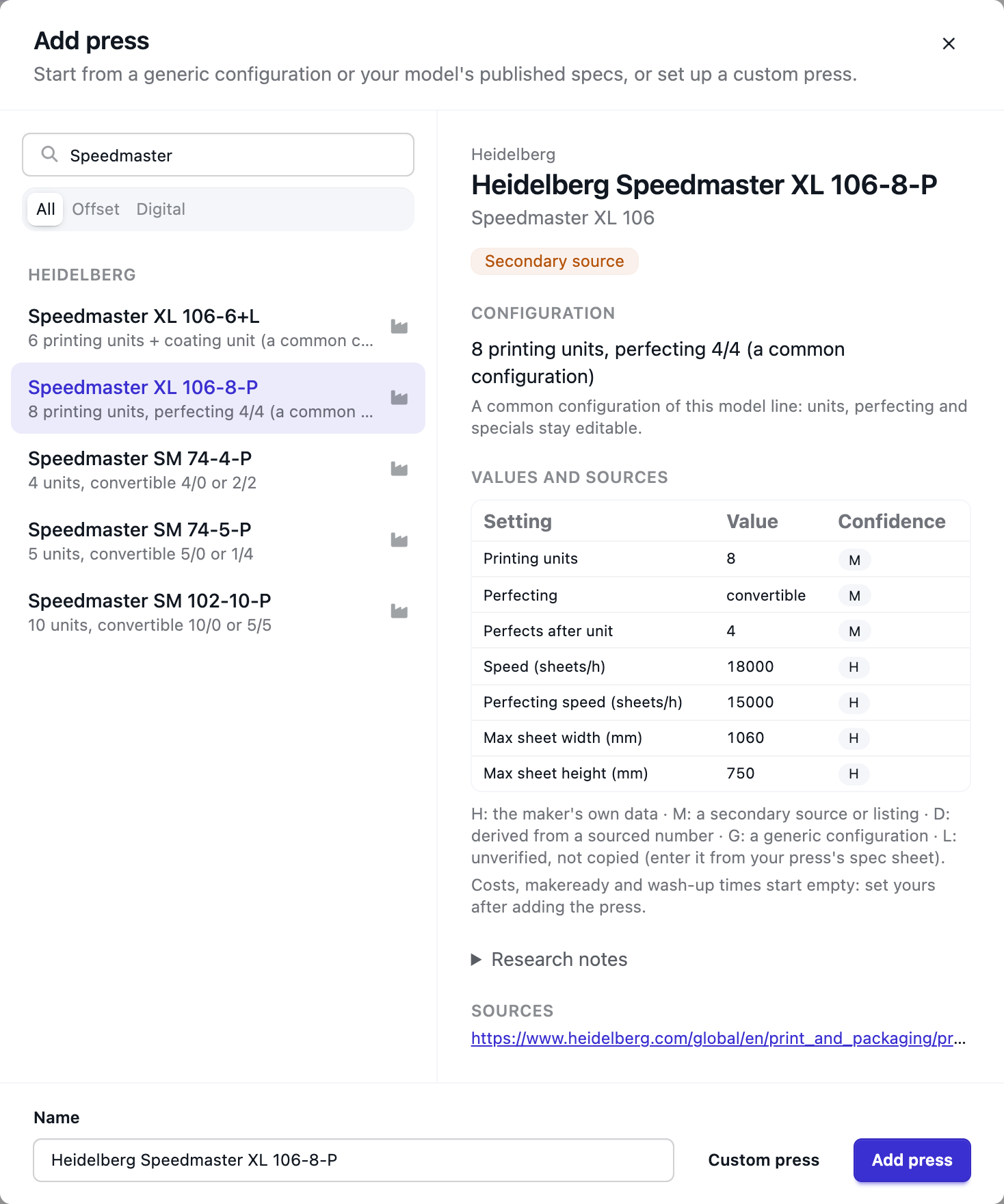 Add a press dialog: presets searched for Speedmaster, one picked with its published specs