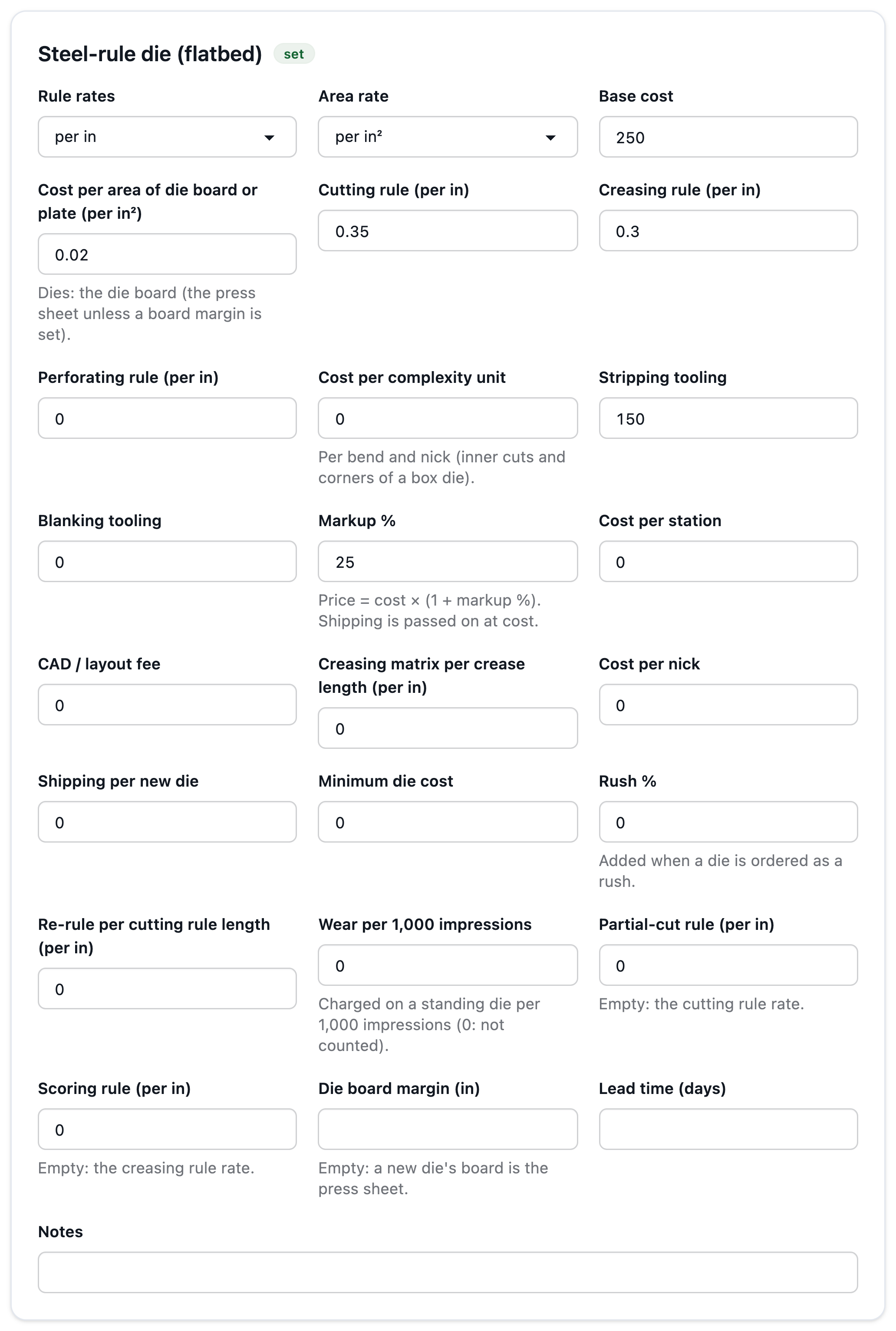 Rate card for new steel-rule dies: base, die board, rule, stations and extras