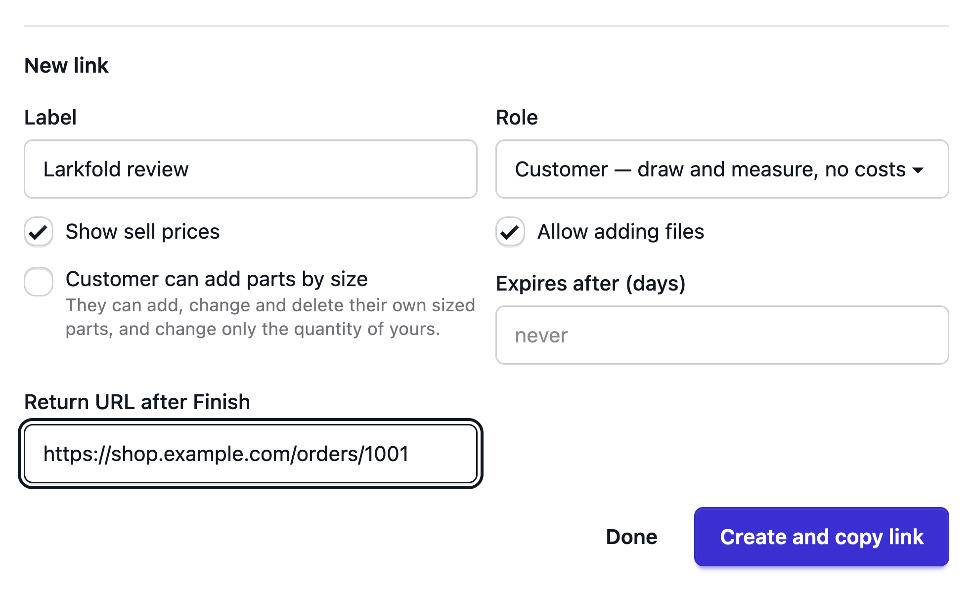 Share the designer dialog: a new customer link with its role, sell prices and a return URL