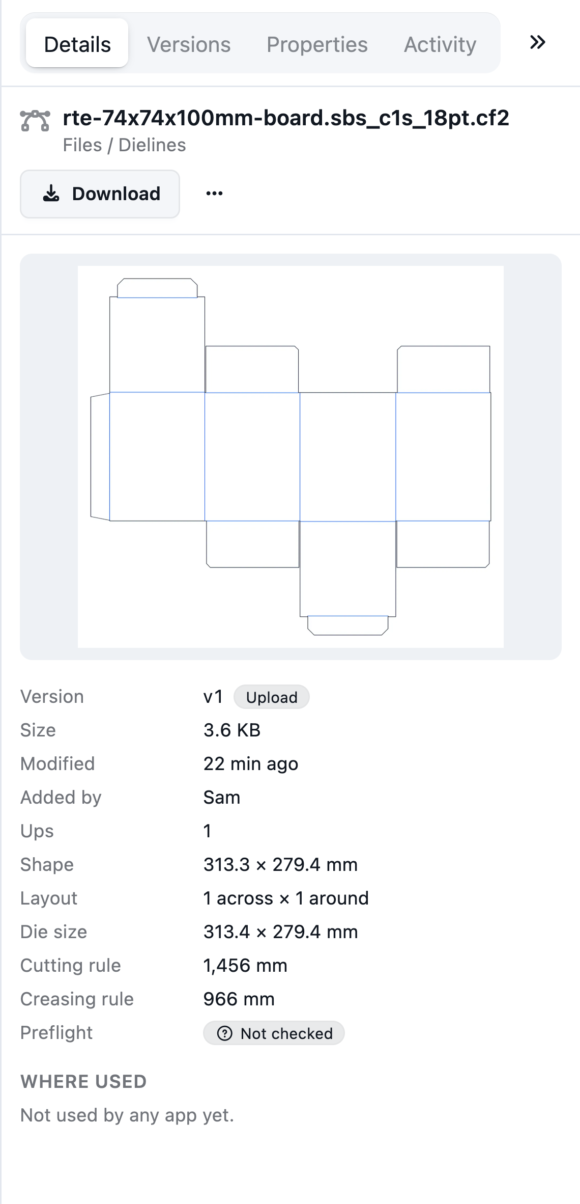 Details tab of a CF2 die drawing: its drawn preview, ups, layout, die size and rule lengths