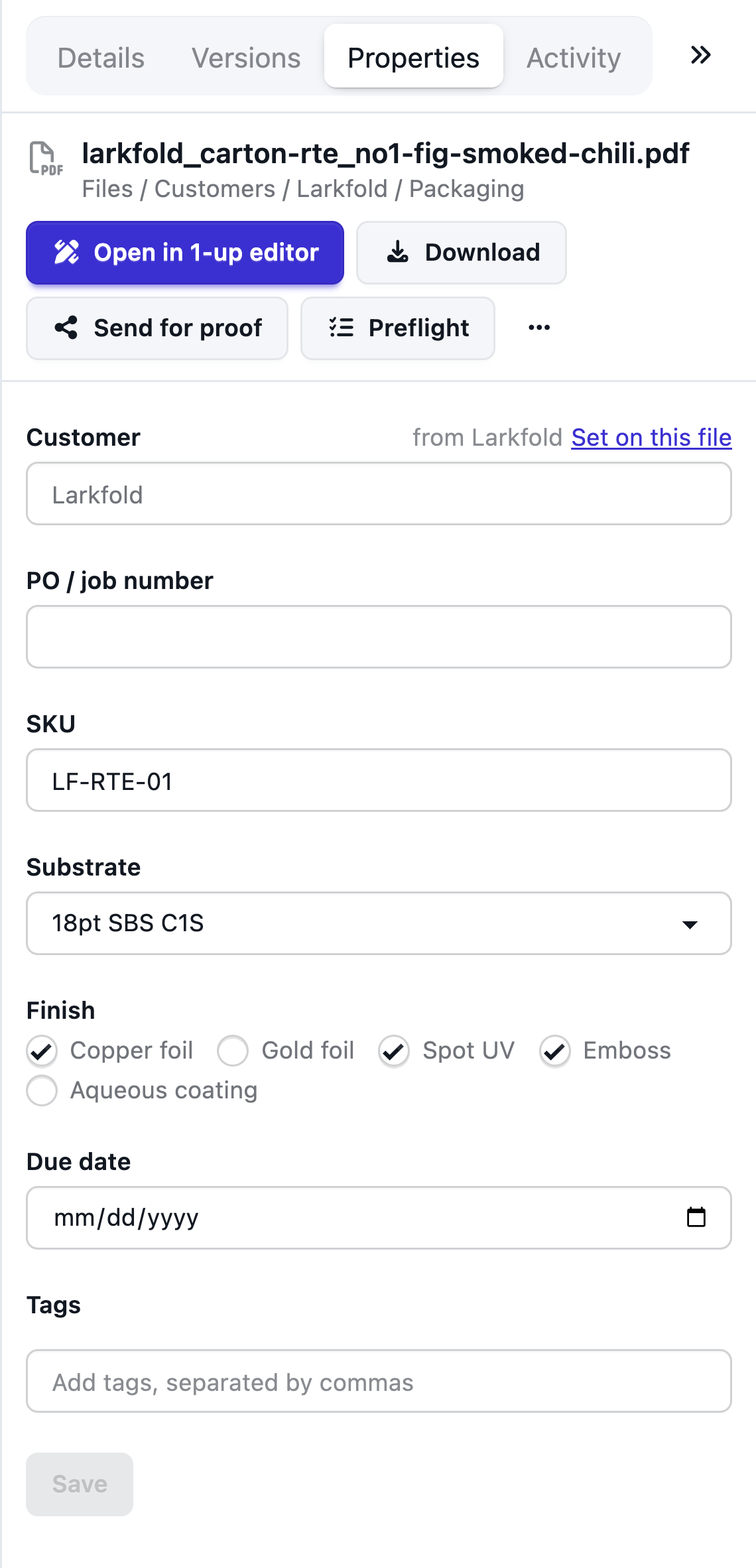 Properties tab of a carton file with the customer filled in from the folder's default