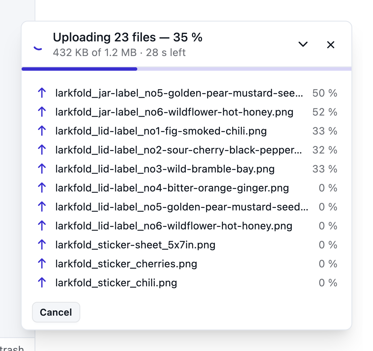 Upload tray while a batch of label images uploads, each file with its own progress