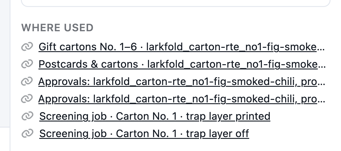 Where used list of a carton file: two imposition jobs, two proof rounds and two screening jobs