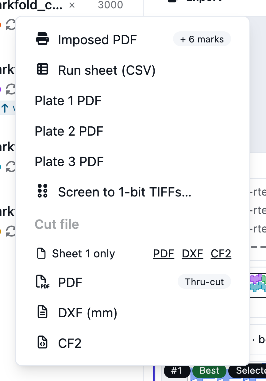 The viewer's Export menu: imposed PDF, run sheet, plate list, plate PDFs and cut files