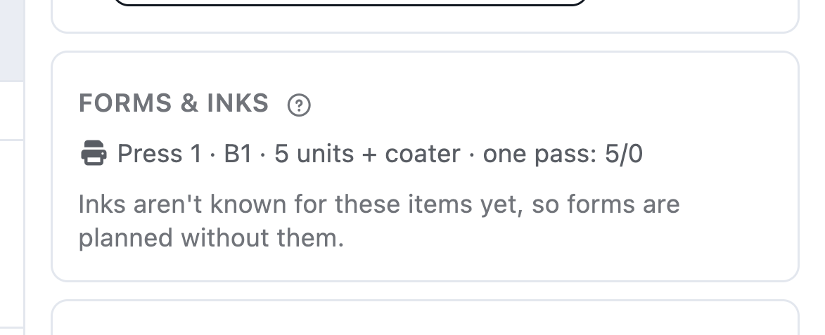 Forms & inks on the Production tab: each form's inks, plates, passes and run against the press
