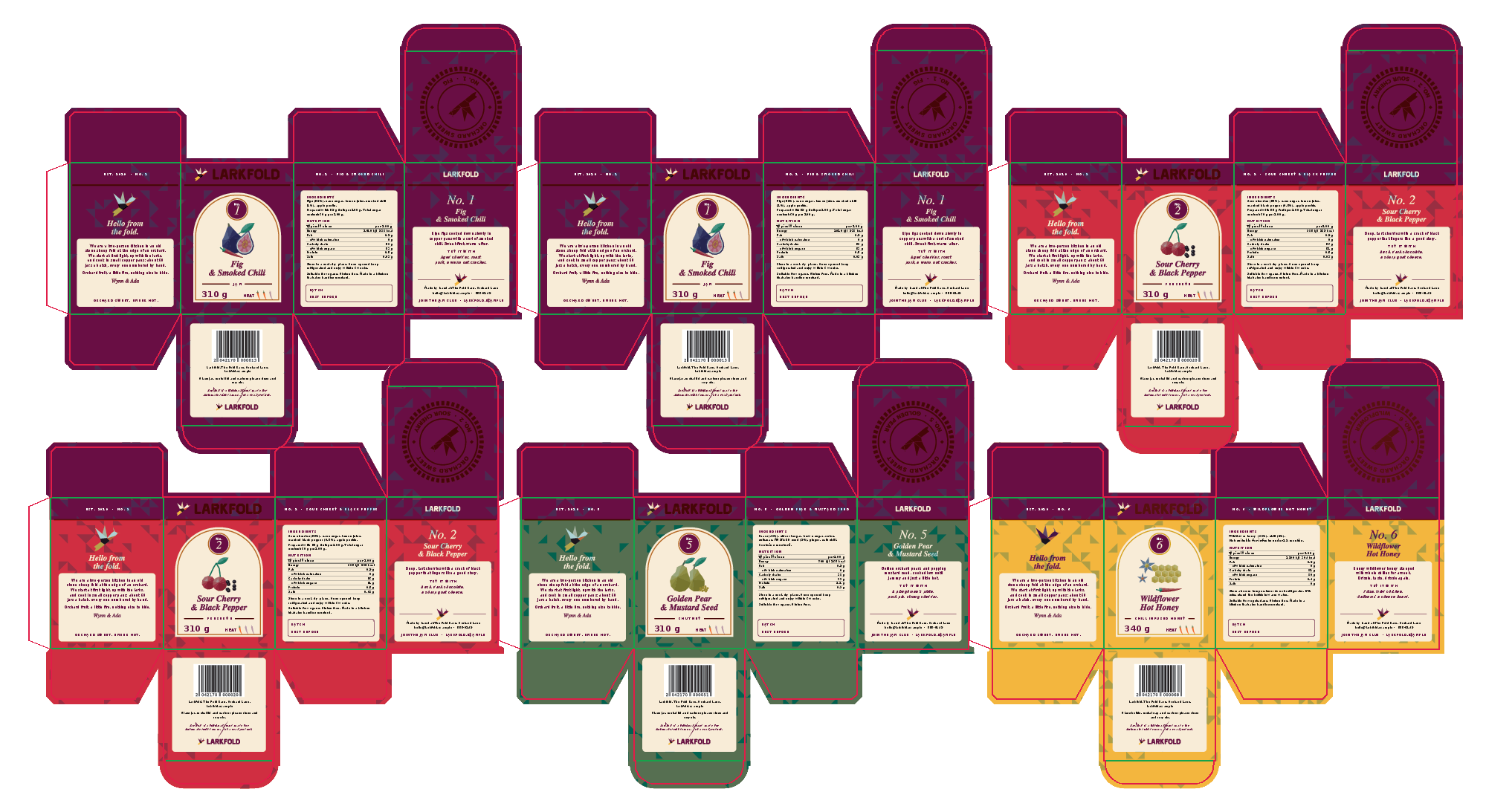 A press sheet of six jam cartons on a 6-up die, each flavor in its own colors, with the cut and crease lines drawn over the print