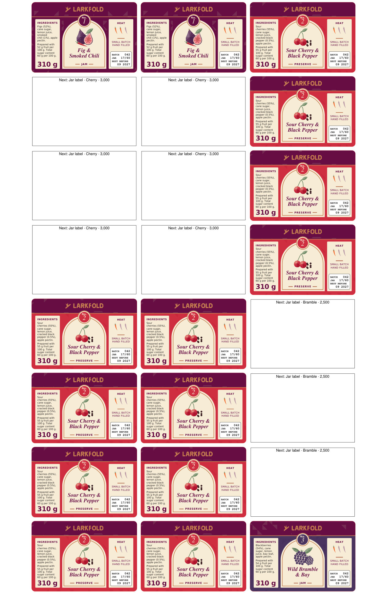 Jar labels three across on a 13 in web: blank changeover labels name the next item, then three flavours run side by side
