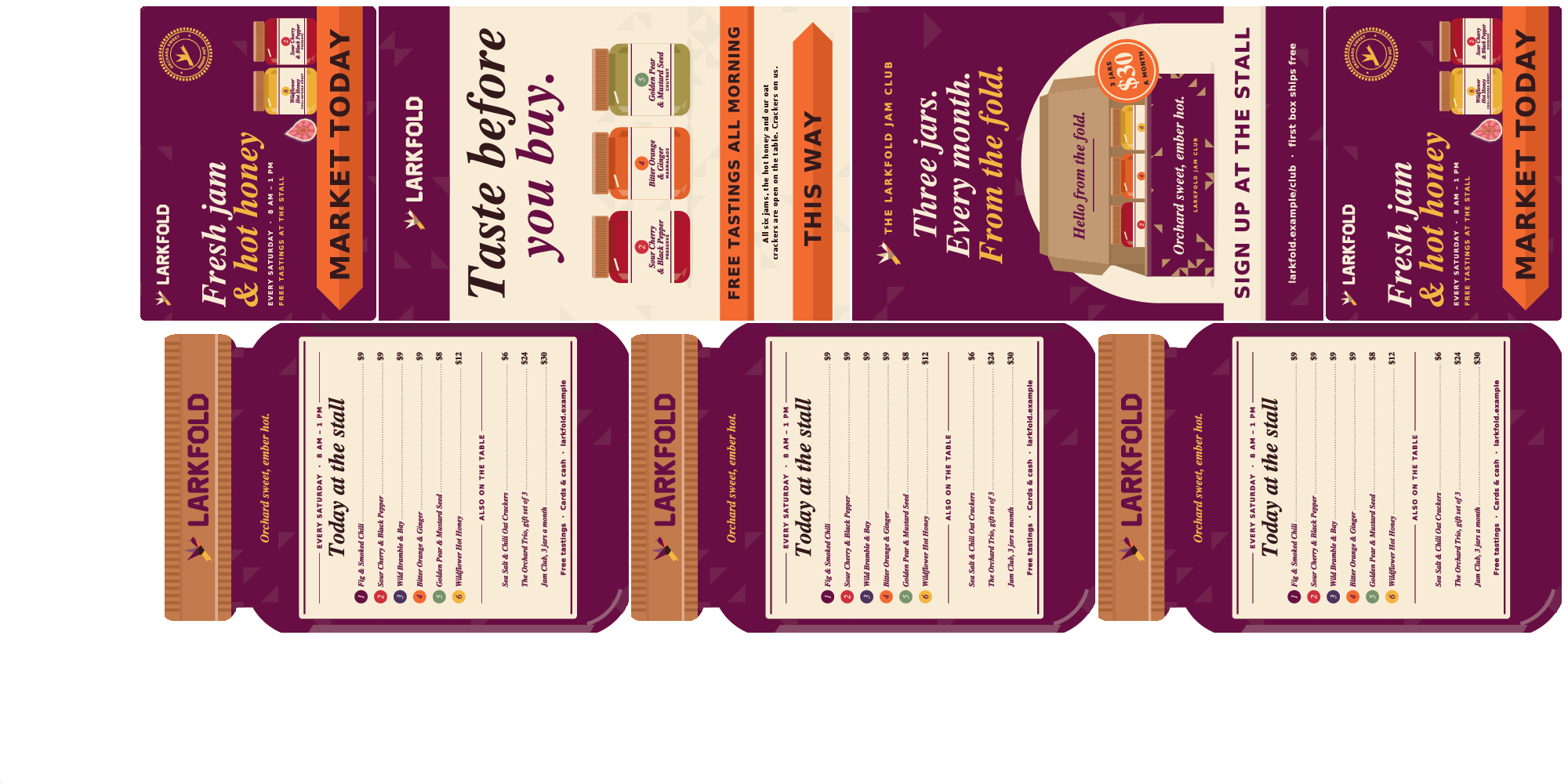 A 5 × 10 ft board of market signs as printed: jar-shaped stall signs, A-frame inserts and yard signs nested together