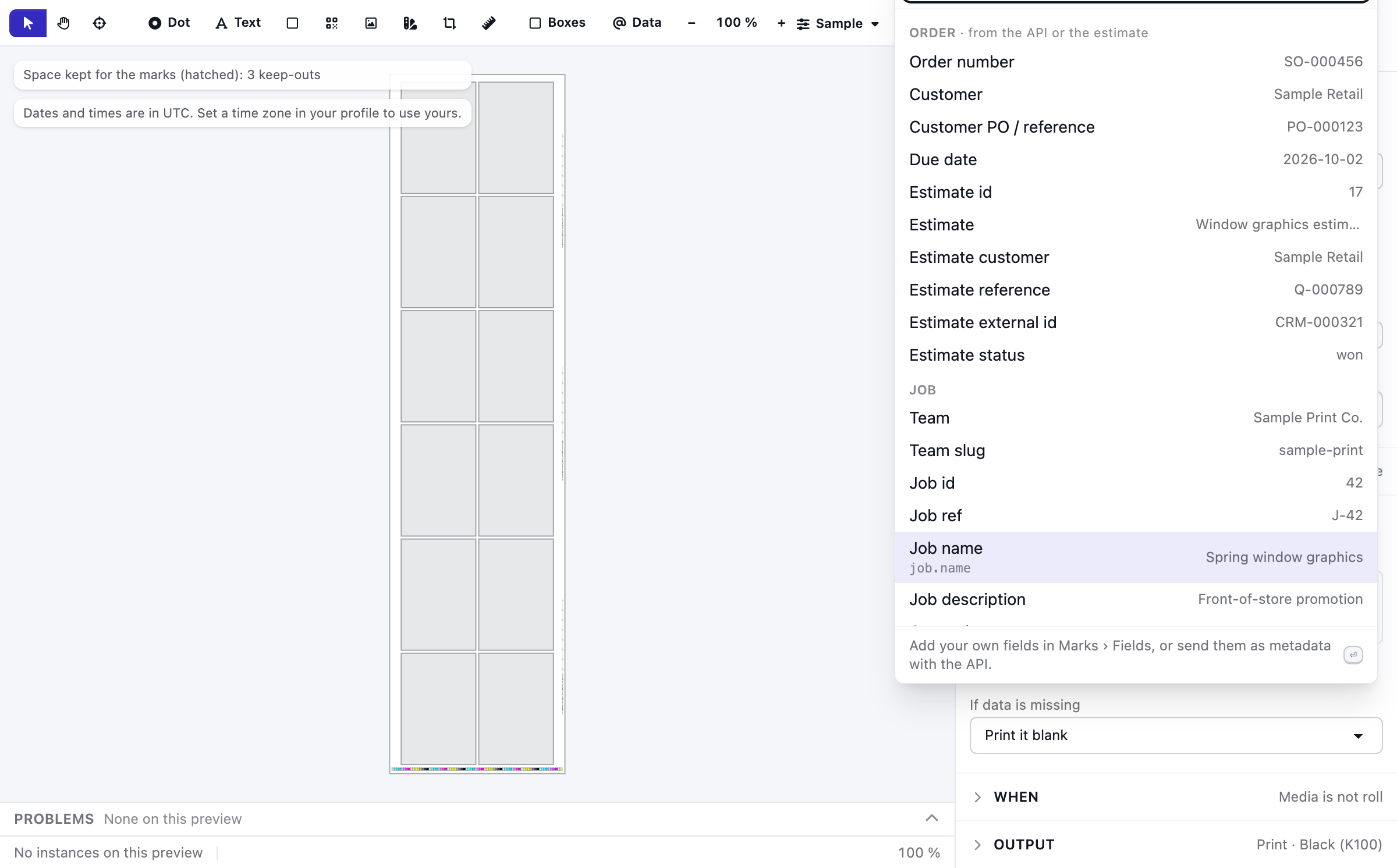 The mark designer: a slug line's text with the Insert data picker open over the inspector