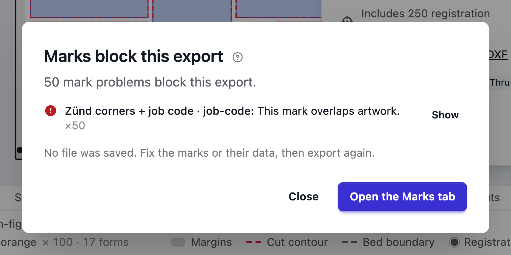 Marks block this export: the problems found, each with Show