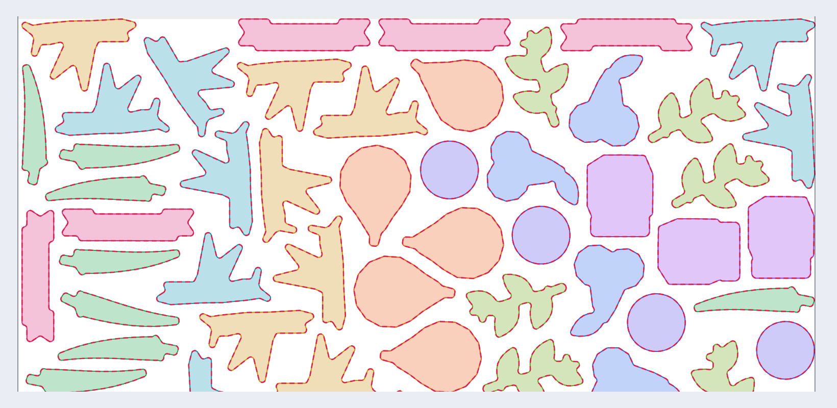 The same stickers nested by their true shapes on the same roll, using less of it