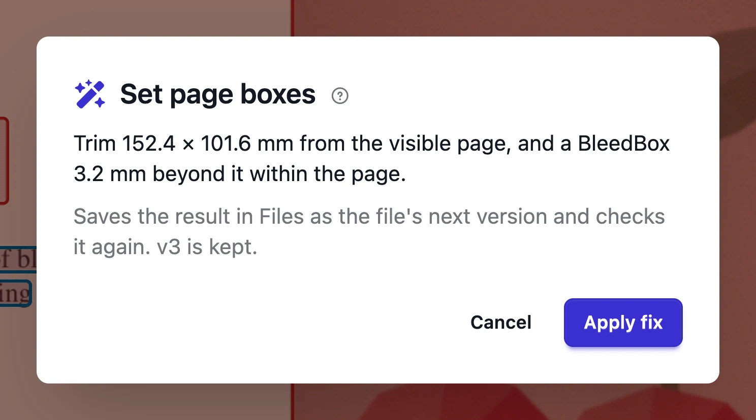The Set page boxes fix, explaining what it changes before it runs