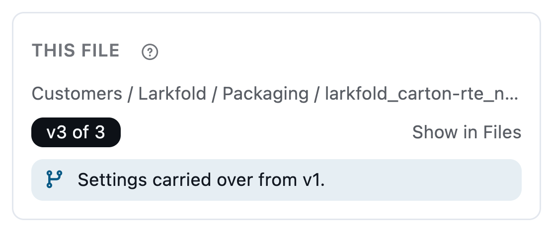 The File tab of a carton's new version: settings carried over from the version before