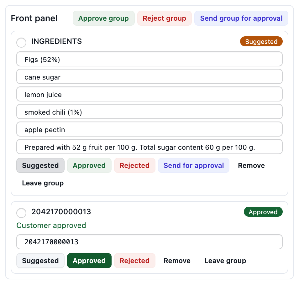 A named group of label copy in the editor, with Send group for approval